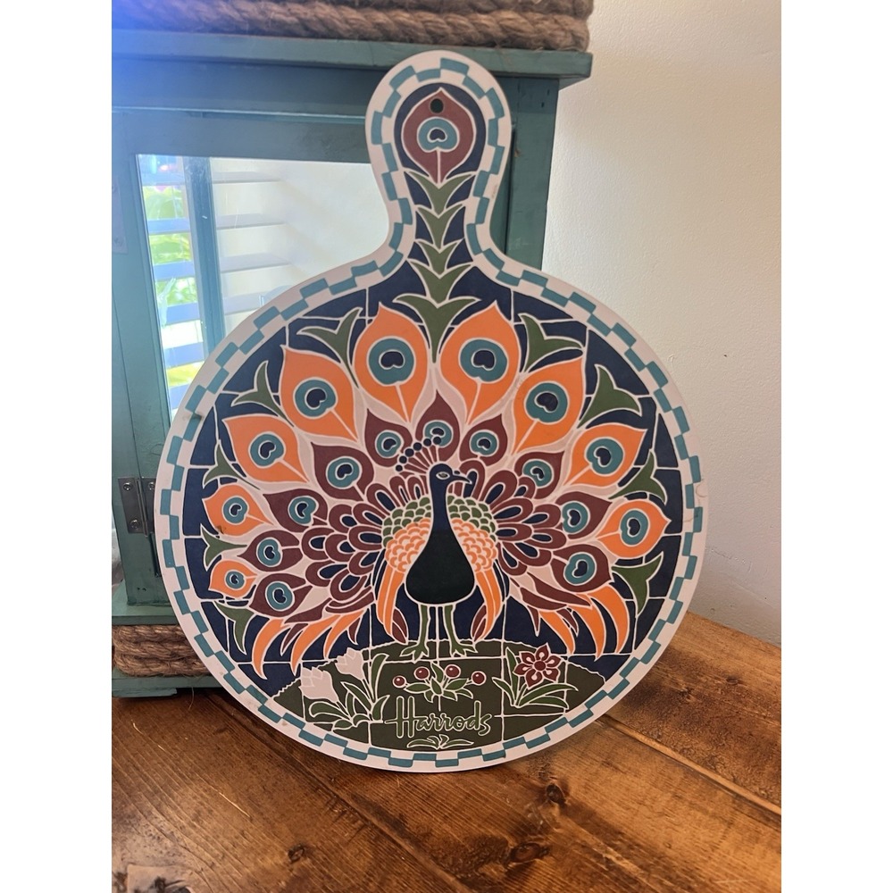 Vtg Harrods Peacock Melamine Round Cutting Board Wall Hanging